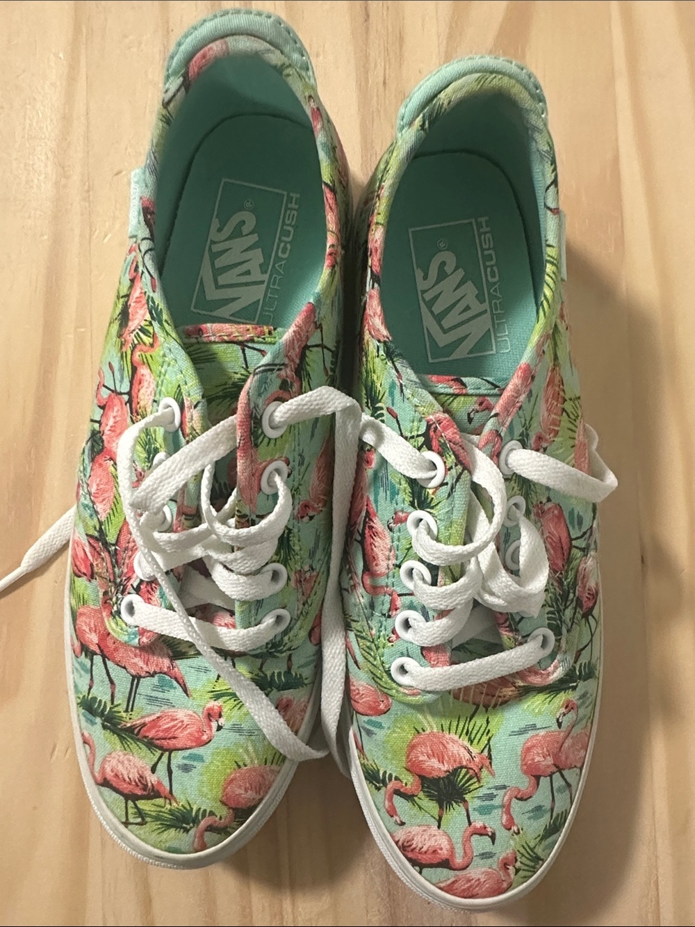 Vans Mint Green and Pink Flamingo Print Low Top Sneakers